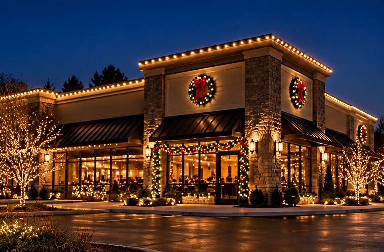 Design preview of a storefront with warm white roofline lights, wreaths and lit trees