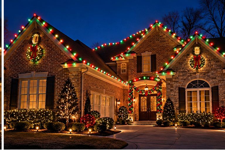 Design preview of a brick home with red and green roofline lights, wreaths and lit shrubs
