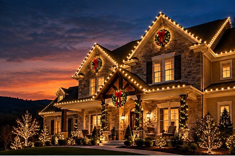 Sample design preview: a stone home at dusk with warm white lights on every peak, wreaths and lit trees